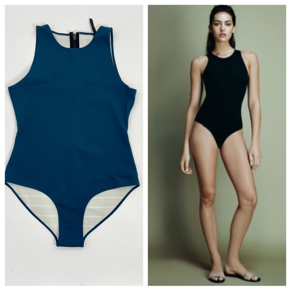 NWOT Rochelle Sara The River in Blue Grey One Piece Designer Swimsuit US 8